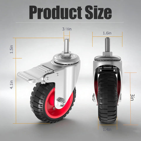 Detailed view of Heavy Duty 3 Inch Swivel Casters With Deadlock Brakes And 3 8 16 Unc Threaded Stems, showing size measurements and design.