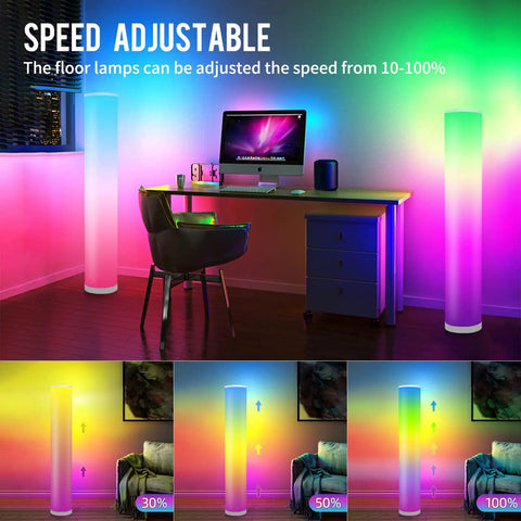 Two Pack RGB Floor Lamps With Music Sync App Control And Time Settings Dimmable Color Changing Standing Lamps illuminating a workspace.