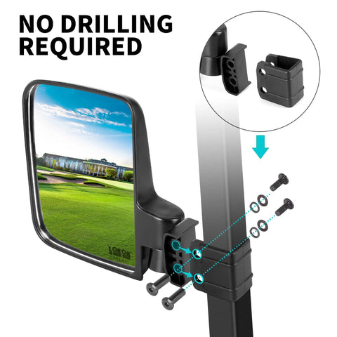 Universal Golf Cart Side Mirrors No Drilling Needed, 180 Degree Folding Rear View attached to square tube with screws shown