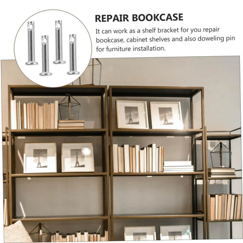 Bookshelf with decorative items and inset image of 20 Pieces Stainless Steel Flat Head Clevis Pins Kit With Single Hole Anti Rust Assortment For DIY Locating And Securing Parts Ideal For Home Projects And Machinery Fixes