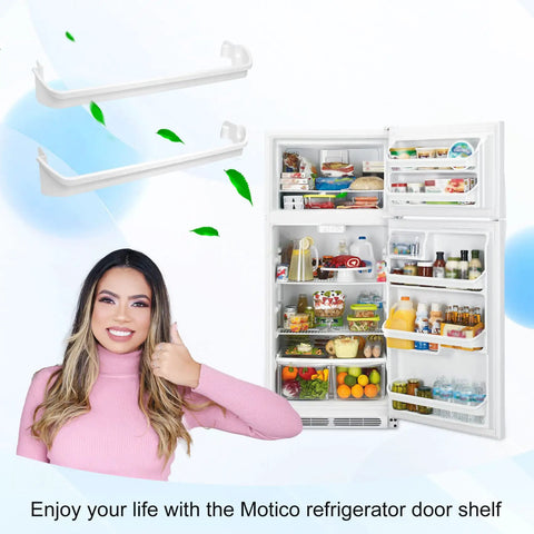 Three Pack Refrigerator Door Shelf Replacement Kit Includes 240534701 And 240534901 Rails displayed with stocked fridge and smiling model.