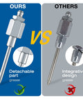 Gulfmew grease needle nozzle with 1/8 in NPT threads, chrome finish, detachable tip; front comparison image.