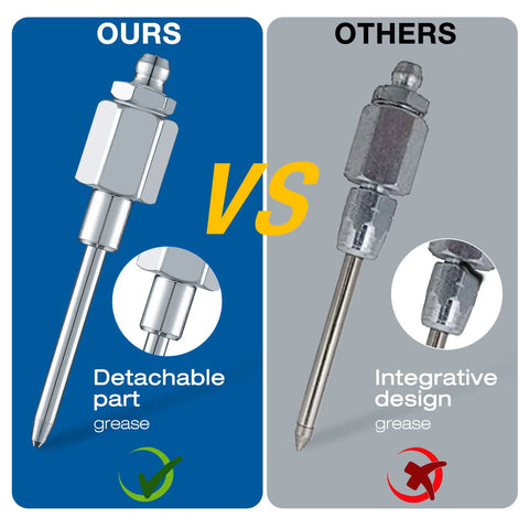 Gulfmew grease needle nozzle with 1/8 in NPT threads, chrome finish, detachable tip; front comparison image.