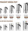Various sizes of stainless steel stovetop espresso makers, including 2 Cup Stovetop Espresso Maker In Stainless Steel Moka Pot