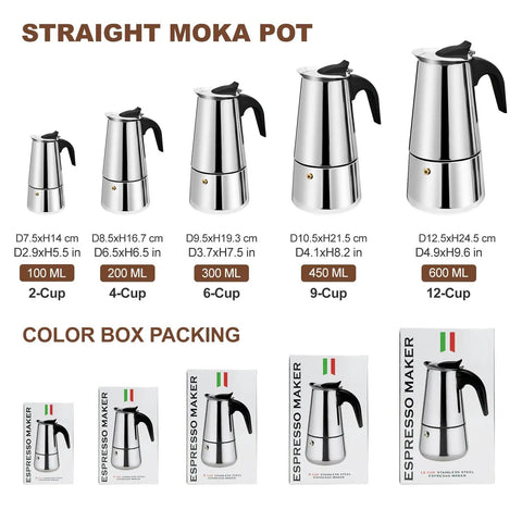 Various sizes of stainless steel stovetop espresso makers, including 2 Cup Stovetop Espresso Maker In Stainless Steel Moka Pot