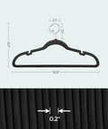 Velvet Non Slip Closet Hangers Pack of 50 With Shoulder Notches for Delicate Straps Anti Slippery Surface shown with dimensions.