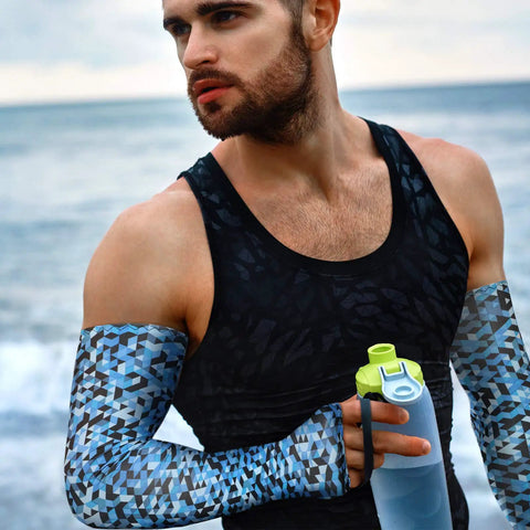 Man wearing 15 Pairs Unisex Arm Sleeves With UV Protection And Anti Slip Ice Silk Fabric For Running Cycling Driving And Outdoor Sports