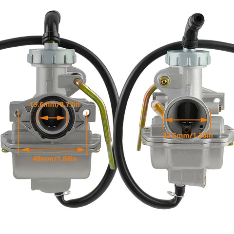 Beefed Up Carburetor Kit For 50cc 70cc 90cc 110cc 125cc Four Stroke ATVs Quads Go Karts Dirt Bikes With Air Fuel Filter Intake Manifold fits TaoTao Coolster Kazuma Baja Roketa Honda CRF50F CRF80F, showing front and side views with measurements.