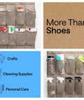 Over The Door Shoe Organizer With 24 Large Breathable Mesh Pockets And 40 Lbs Weight Capacity, holding various items.