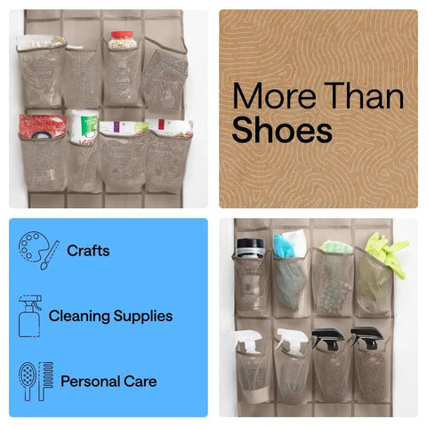 Over The Door Shoe Organizer With 24 Large Breathable Mesh Pockets And 40 Lbs Weight Capacity, holding various items.