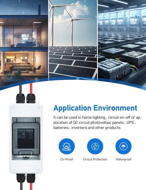 Pro Grade Solar Panel Disconnect Switch And 10 Amp DC 1000V RV Circuit Breaker Box With IP66 Weather Seal, shown in application setup with wind turbines.