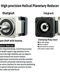 High precision Helical Planetary Gearbox for Nema 23 and Nema 34 Servo Motors with output shaft and clamping ring input.