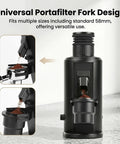 Universal portafilter fork design on heavy duty eighty millimeter flat burr coffee grinder, fits standard 58mm for versatile use.