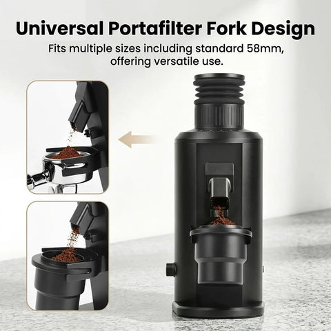 Professional 80mm Flat Burr Coffee Grinder With Heavy Duty Stainless Steel Plates For Bang For Your Buck Precision Grinding with portafilter fork.