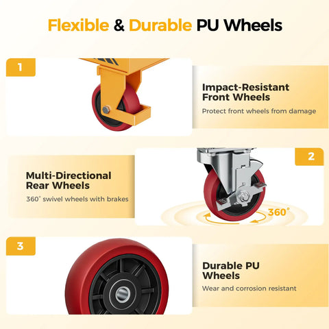 Heavy Duty Hydraulic Lift Table Cart With Single Scissor Mechanism And 1100 Lb Capacity, Yellow Finish, Max 34.7 Inch Vertical Height Rise For Reliable Industrial Workstation Support, featuring flexible PU wheels.