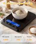 High Precision 33 Lb Digital Kitchen Scale With 0.1 Oz Accuracy For Sourdough Bread And Baking Built In 7 Units Tare And Timing Function Rechargeable Pro Grade Kitchen Tool For Food Prep And Daily Cooking showing precise coffee weighing on marble countertop.