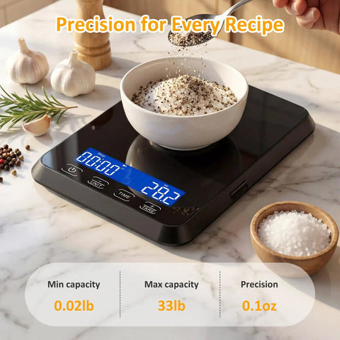 High Precision 33 Lb Digital Kitchen Scale With 0.1 Oz Accuracy For Sourdough Bread And Baking Built In 7 Units Tare And Timing Function Rechargeable Pro Grade Kitchen Tool For Food Prep And Daily Cooking showing precise coffee weighing on marble countertop.