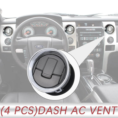 4-piece dashboard AC vent louvers; round black plastic inserts with chrome ring for Ford F-150