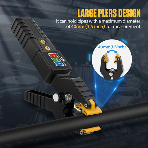 HVAC Temperature Clamp Meter With Plus Or Minus 0.3 C Precision, showing clamp on pipe in automotive setting.