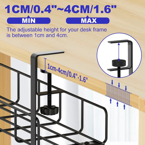 Under Desk Cable Management Tray No Drill Setup Clamp Mount Steel Wire Organizer for Home Office with adjustable clamp view