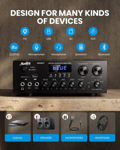 Bluetooth 5.0 Stereo Amplifier Receiver for Karaoke and Home Theater, 2 Channel 400W Peak Power, USB SD AUX RCA Mic In With Echo, LED Indicators, 25W Per Channel RMS, Compact Multi-Input Audio Amplifier.