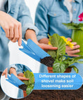 Close-up of a person using a blue 11 by 3 inch hand shovel from the 20 Pack Mini Colorful Metal Hand Shovels And Trowels Set For Transplanting And Garden Digging, 11 By 3 Inch Shovels In Four Colors, Great For Flower Soil Planting Succulents Indoor Outdoor, A Cool Gift For Women And Men to loosen soil around a plant in a pot.