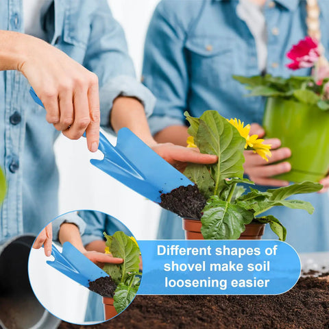 Close-up of a person using a blue 11 by 3 inch hand shovel from the 20 Pack Mini Colorful Metal Hand Shovels And Trowels Set For Transplanting And Garden Digging, 11 By 3 Inch Shovels In Four Colors, Great For Flower Soil Planting Succulents Indoor Outdoor, A Cool Gift For Women And Men to loosen soil around a plant in a pot.