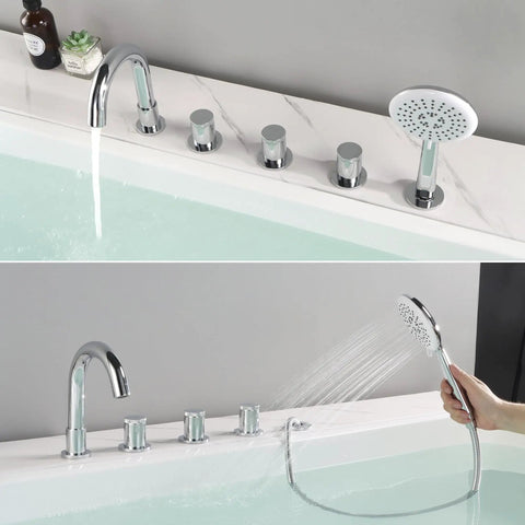 5 Hole Deck Mount Tub Faucet Chrome With Hand Shower Brass Roman Tub Filler Set 3 Handle High Flow Bathtub Faucet With Sprayer