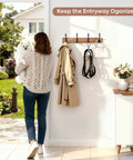 Acacia Wood Wall Coat Rack With Heavy Duty 4 Double Hooks, 15 Inch Long Hat Rack For Coats, Bags, Towels, And Leashes in use