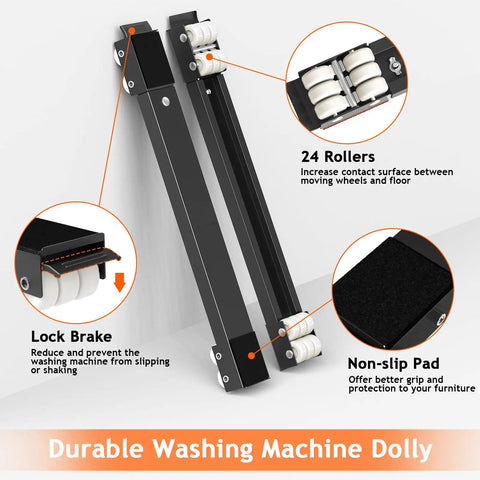 Extendable Washing Machine Dolly Furniture Rollers Black Adjustable Appliance Moving Carts with 24 rollers and lock brake.