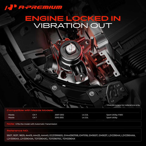 Heavy Duty Engine And Transmission Mount Kit With Torque Strut For Mazda CX7 07 To 12 Automatic visible in engine compartment view.