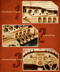 1:18 Scale Mechanical Car Model Kit DIY 3D Wooden Puzzle for Adults Hands On Build Brain Teaser Grand Prix Vehicle Gift for Men and Women Great for Birthday or Christmas. Close-up of 8-cylinder V engine, exhaust pipe, and gauge panel