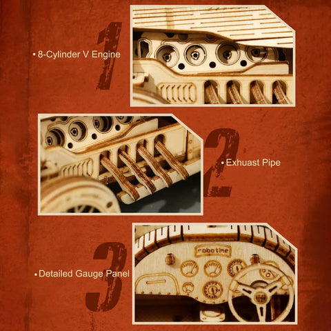 1:18 Scale Mechanical Car Model Kit DIY 3D Wooden Puzzle for Adults Hands On Build Brain Teaser Grand Prix Vehicle Gift for Men and Women Great for Birthday or Christmas. Close-up of 8-cylinder V engine, exhaust pipe, and gauge panel