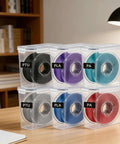 Six Pack 3D Printing Filament Storage Boxes With Thick Silicone Seal, storing labeled 1.75mm PTU, PLA, PA spools on a desk.