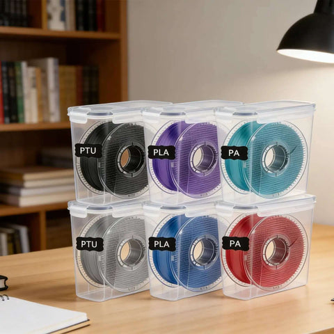 Six Pack 3D Printing Filament Storage Boxes With Thick Silicone Seal, storing labeled 1.75mm PTU, PLA, PA spools on a desk.