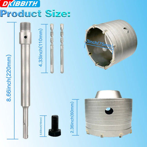 Heavy Duty 3 Inch Concrete Hole Saw Kit With 75mm Tungsten Steel Core Bit components and measurements