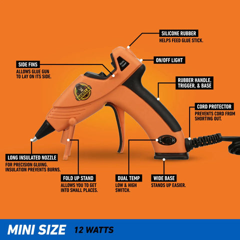 Dual Temp Mini Hot Glue Gun With Precision Nozzle, Easy Squeeze Trigger, Built In Safety Stand, orange and black design.