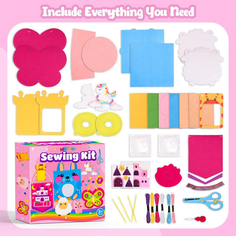 Kids Beginner Sewing Kit With Felt Projects For 5 And Up 8 Totally Easy DIY Crafts Like Bunny Pillow Unicorn Wind Chime shown