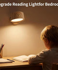 Child reading under USB Rechargeable Wall Light Set Two Pack With 360 Degree Rotating Magnetic Heads Adjustable Sconce Lighting Featuring Three Color Temperatures and Stepless Dimming Remote Control For Bedroom Hallway Bedside.