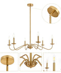 Six-Light Brushed Brass Chandelier For Dining Room, 35-Inch Wide Over Table Fixture, Sloped Ceiling Compatible Modern Pendant Light