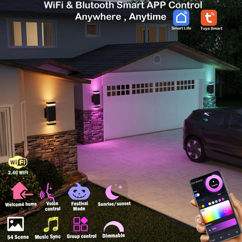 Up Down Outdoor Wall Light Sconce With Remote Control RGB Color Changing LED Black Exterior Porch Lighting illuminating garage wall