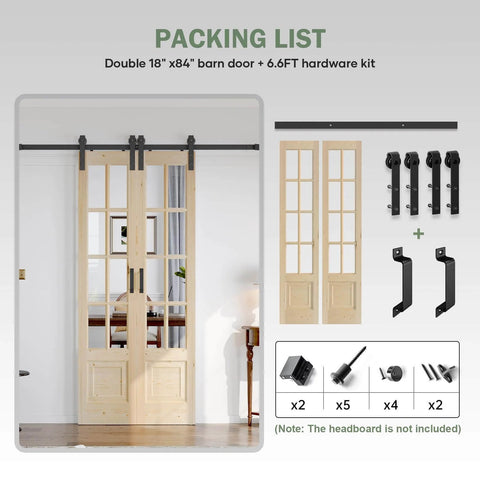 Preassembled Double 30x84 Inch Clear Glass French Interior Door With 5.5Ft Barn Door Hardware Kit Included, Spruce Wood Support