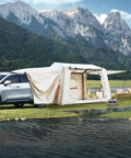 Quick Setup Camping Tent With Air Beams For Easy Outdoor Shelter No Poles To Mess With All Season Waterproof 210D Oxford Fabric Dual Action Pump Included For Fast Setup In Under 5 Minutes attached to SUV by lake