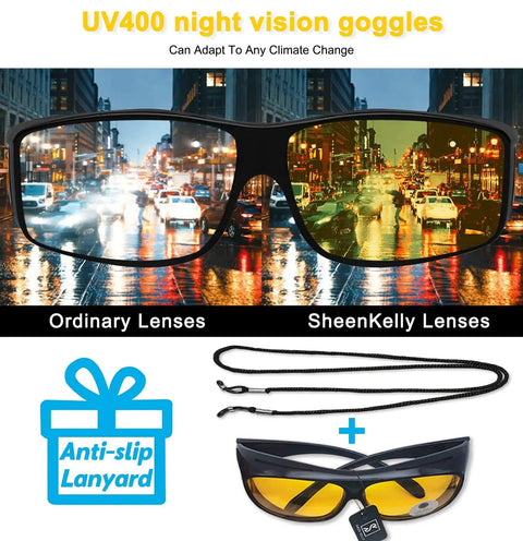 Night Driving Glasses For Men And Women Anti Glare Polarized Yellow Lenses With HD Night Vision Wrap Around Fit Over Glasses compared with ordinary lenses.