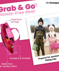Kids Fishing Pole And Reel Combo Starter Set With Tackle Box And Carry Bag, Portable Telescopic Rod, Pink 5ft, in organized storage.