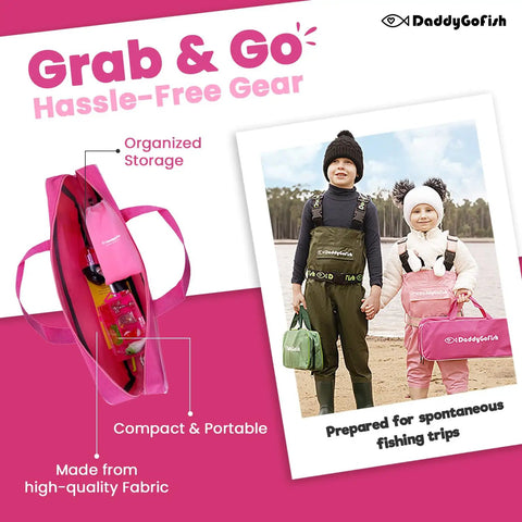 Kids Fishing Pole And Reel Combo Starter Set With Tackle Box And Carry Bag, Portable Telescopic Rod, Pink 5ft, in organized storage.