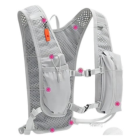 Go-To Hydration Vest Backpack For Runners And Cyclists, ultra lightweight gray vest with 3D mesh, adjustable straps side view