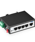 Rugged 5 Port PoE+ Industrial Switch With 4 PoE+ Ports And 1 Uplink, 10/100 Mbps, IP30 Hardened, black box design, front view.