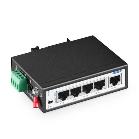 Rugged 5 Port PoE+ Industrial Switch With 4 PoE+ Ports And 1 Uplink, 10/100 Mbps, IP30 Hardened, black box design, front view.