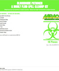No Sweat Heavy Duty Biohazard Cleanup Kit For Blood And Vomit Fast Acting Solidifier 22 Piece First Response Kit with contents list on green background.